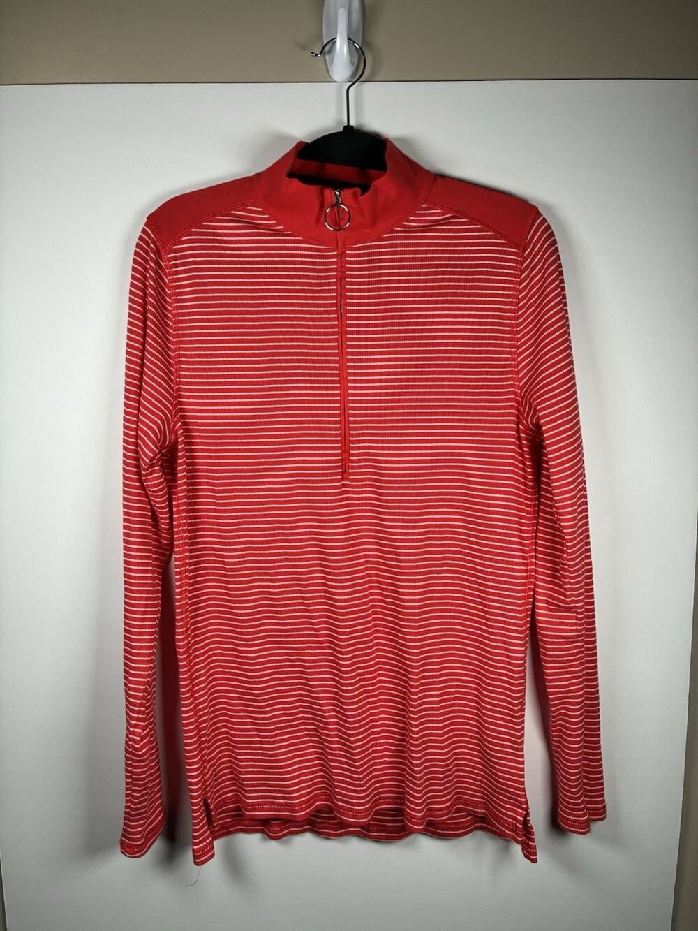 Lauren Ralph Lauren Womens L Red White Striped Cotton Quarter Zip Mock Neck Top